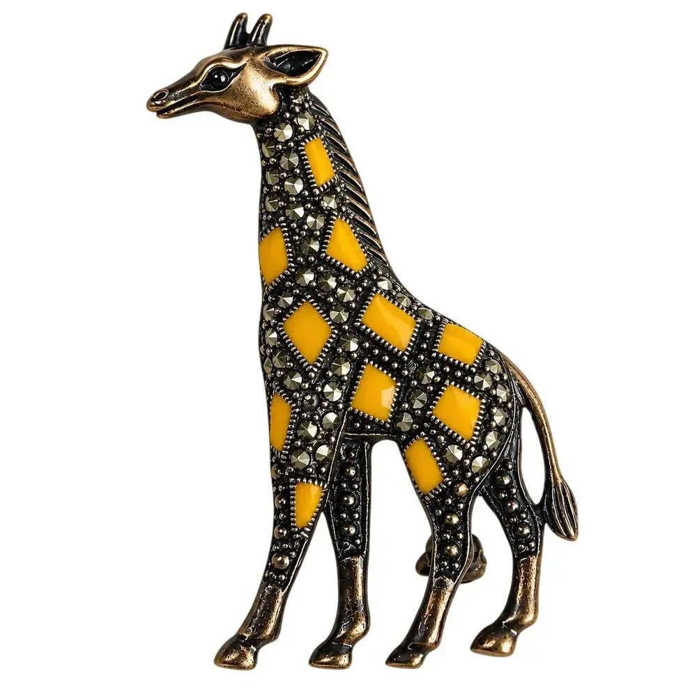 Vintage Sterling Marcasite Giraffe Brooch Yellow Enamel 925 Thailand